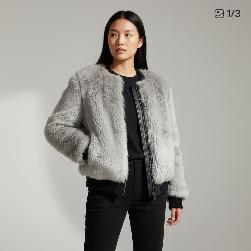 DKNY Gray Faux Fur Jacket